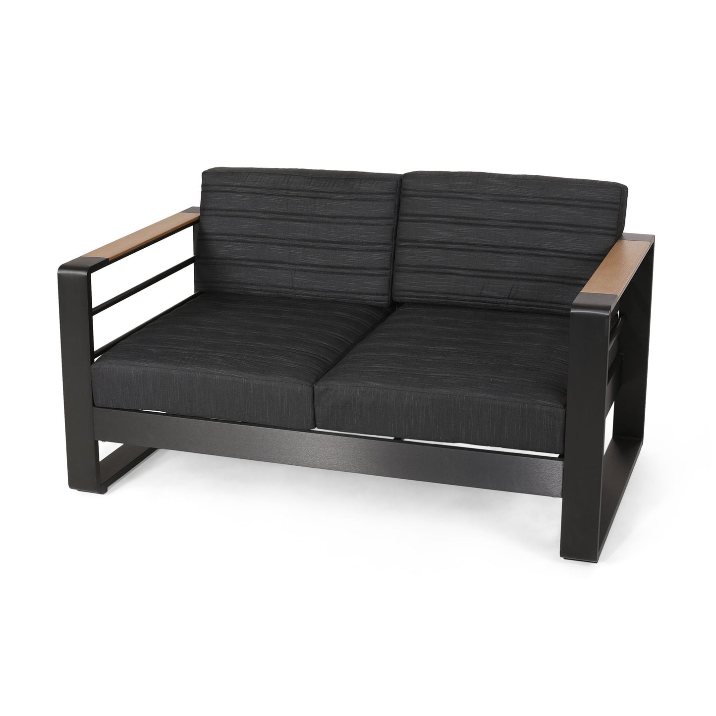 Loveseat with aluminum frame and wood arms in black HouseOfZazla on Tampa Home & Garden Store