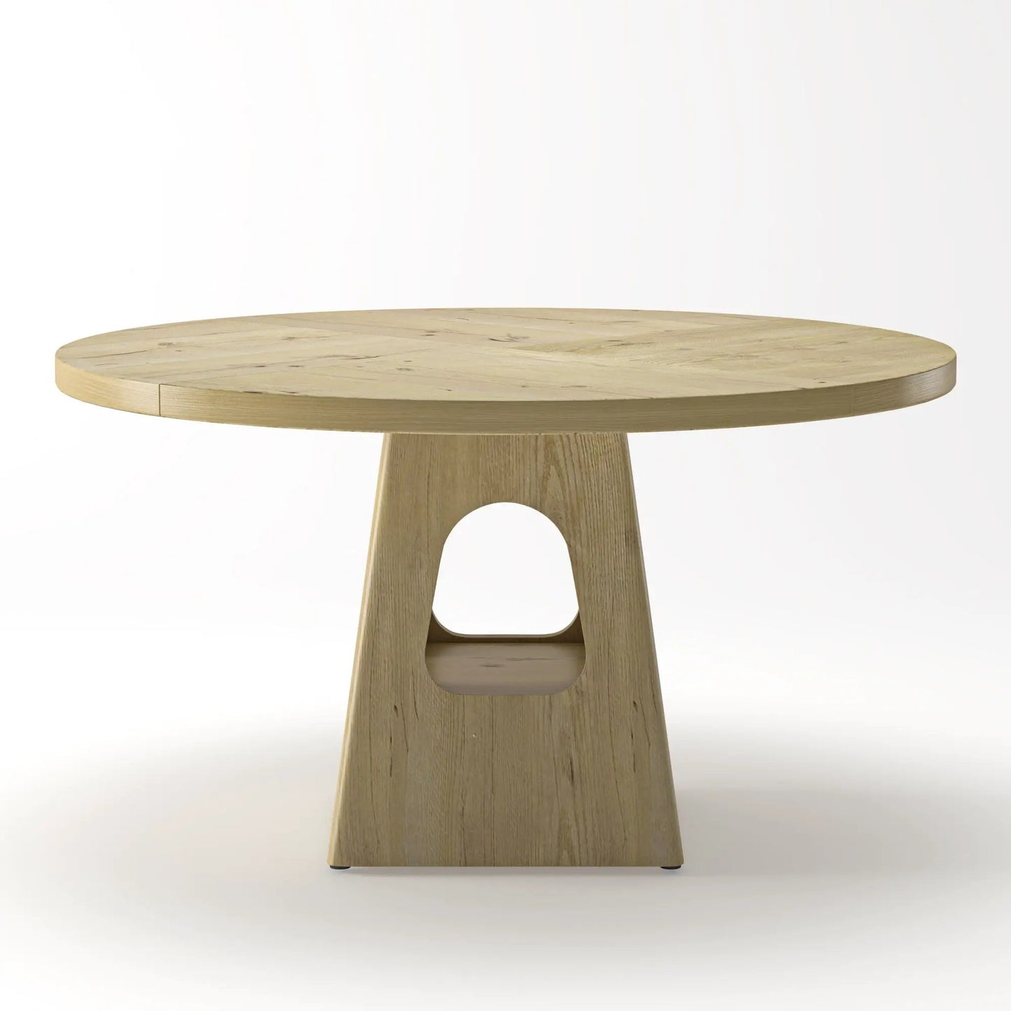Farmhouse round dining table with storage base in natural oak on Tampa Home & Garden Store