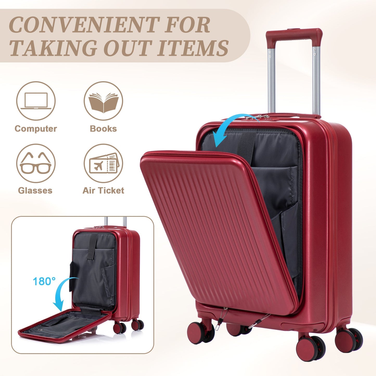 HouseOfZazla 14/20 ABS spinner luggage set, red, 2-piece front-opening design and locks on Tampa Home & Garden Store