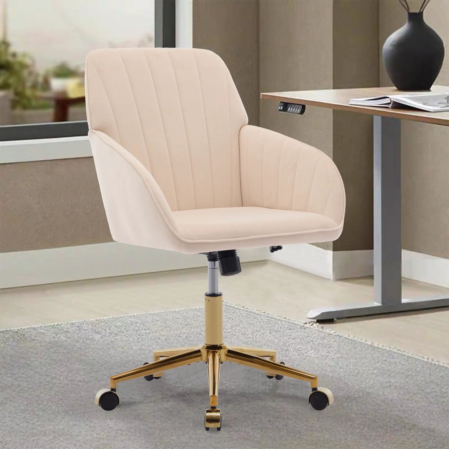 Adjustable ergonomic beige swivel office chair with vertical stitching, gold base on Tampa Home & Garden Store