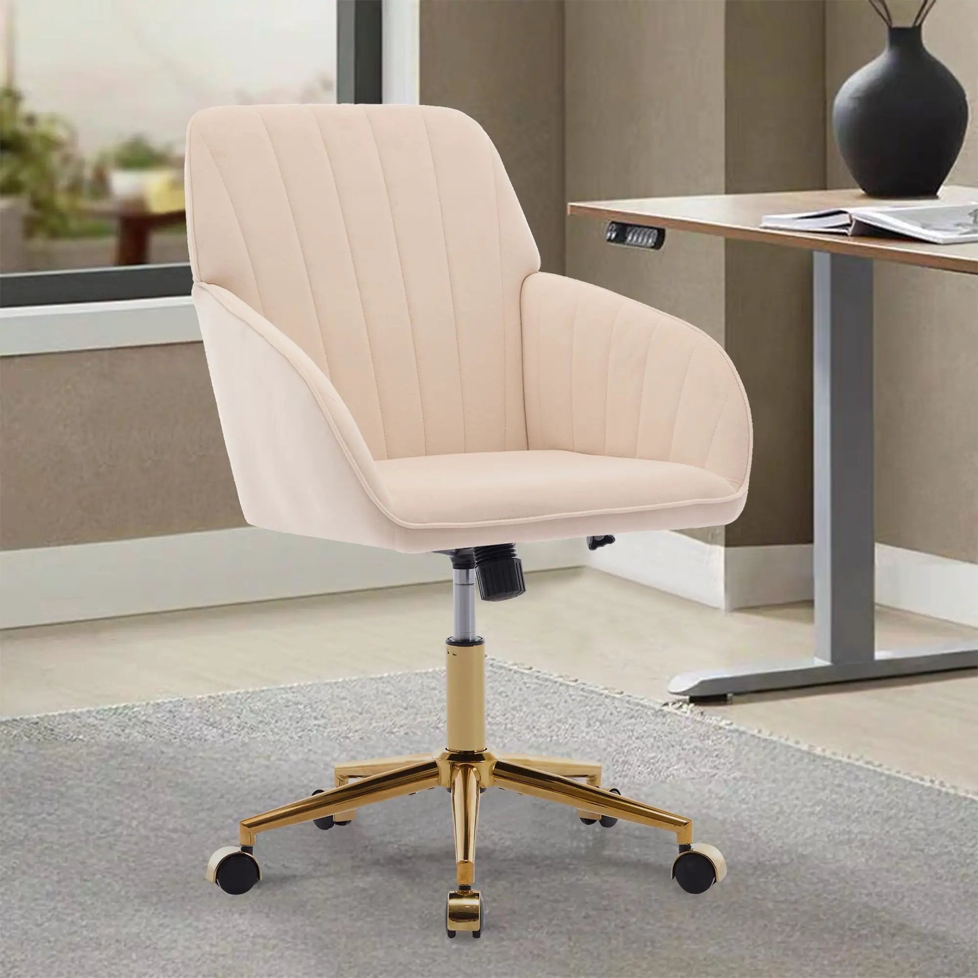 Adjustable ergonomic beige swivel office chair with vertical stitching, gold base on Tampa Home & Garden Store