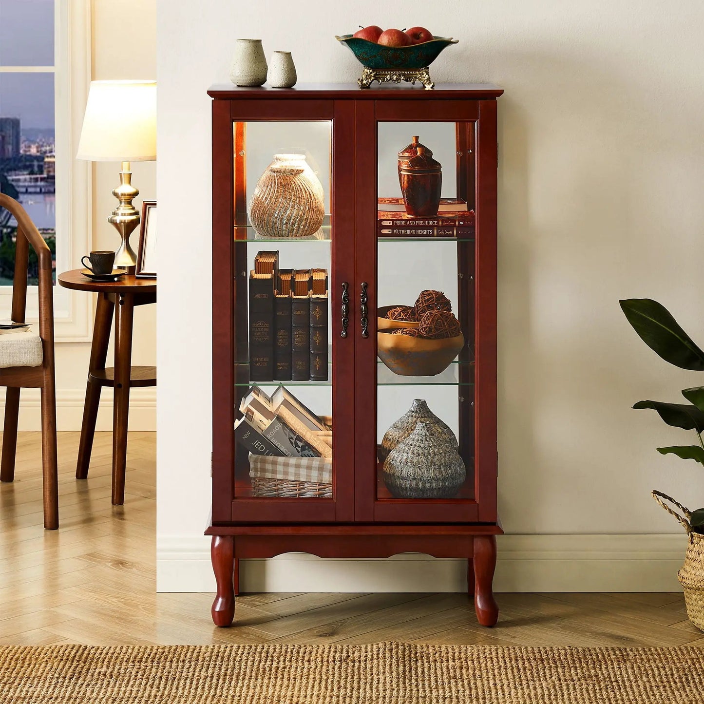 Curio cabinet by Unique Piece Furniture with glass doors, 3 shelves, mirrored back, dark wood on Tampa Home & Garden Store