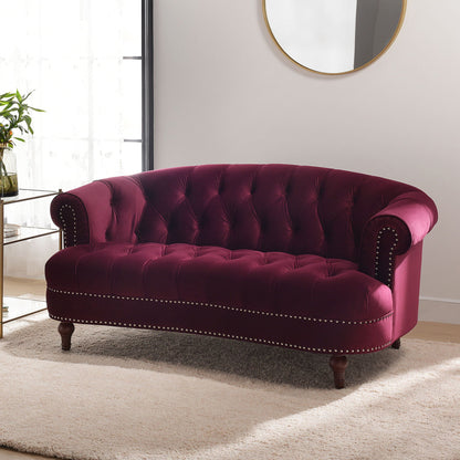 Victorian Chesterfield loveseat in dark red velvet with tufted upholstery and nailhead trim on Tampa Home & Garden Store