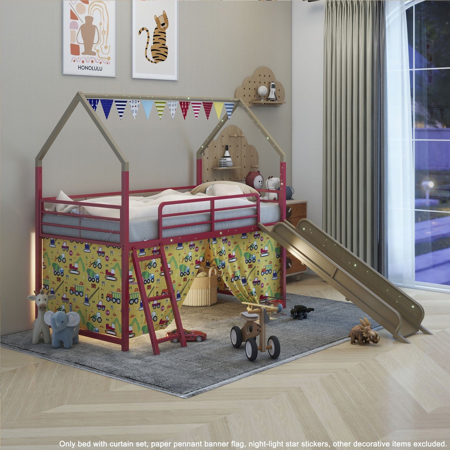 Jack Loft Bed with Slide and Curtain Set by HouseOfZazla, pink frame loft bed with slide on Tampa Home & Garden Store