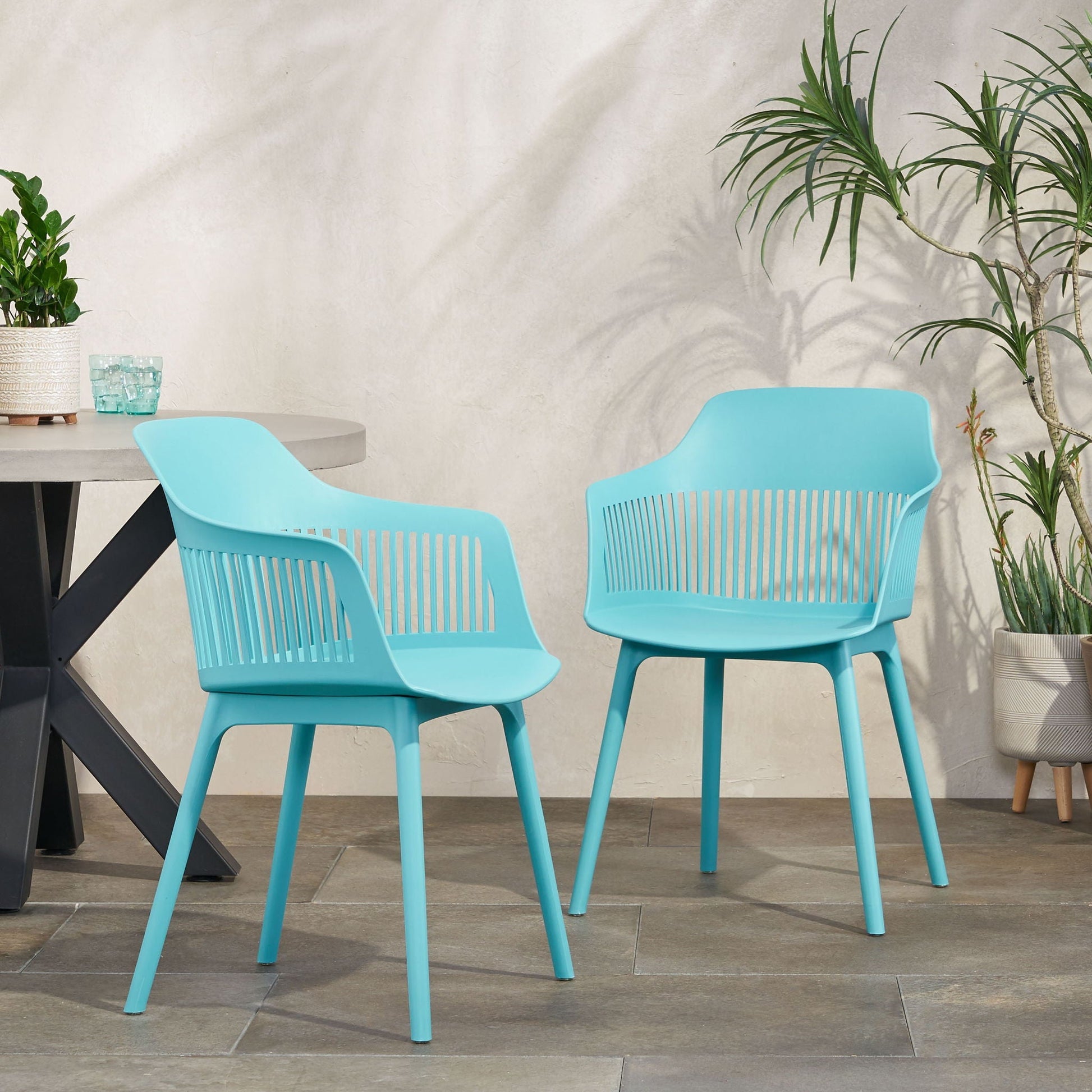 Dahlia Chair Set of 2 turquoise outdoor chairs with slotted backs on Tampa Home & Garden Store