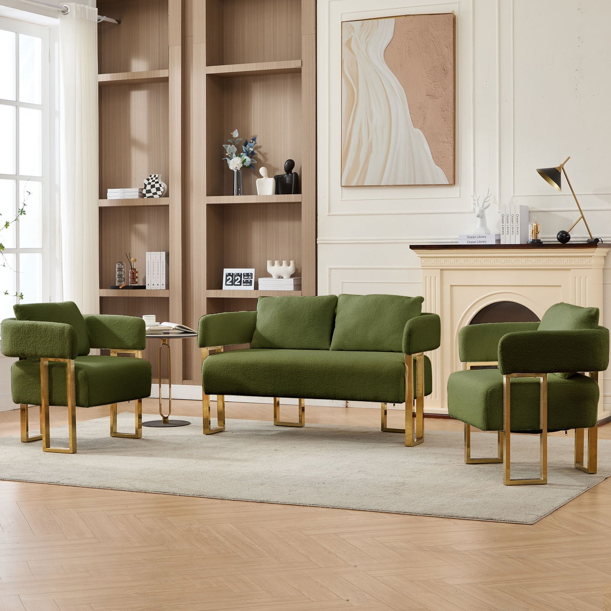 Decorative side chairs set of six in emerald green upholstery with brass legs on Tampa Home & Garden Store