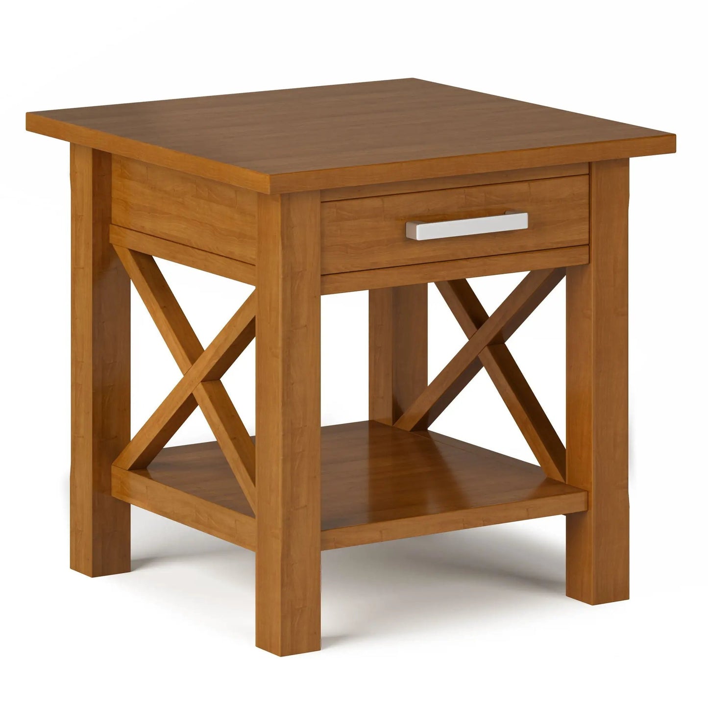Kitchener handcrafted console table in warm oak with crisscross legs and silver drawer pull on Tampa Home & Garden Store