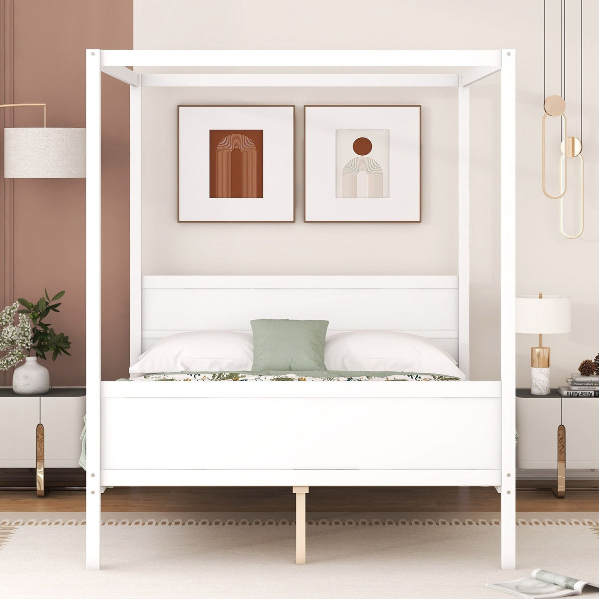 Modern Canopy Platform Bed and Wooden Headboard