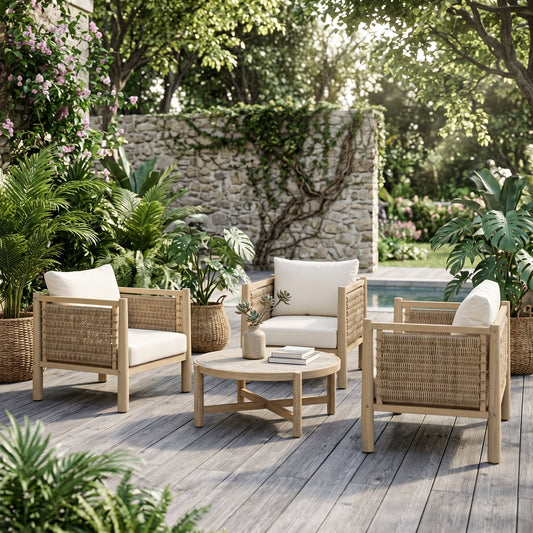 Set of 3 outdoor acacia wood patio chairs by HouseOfZazla with white cushions and woven wicker sides on Tampa Home & Garden Store