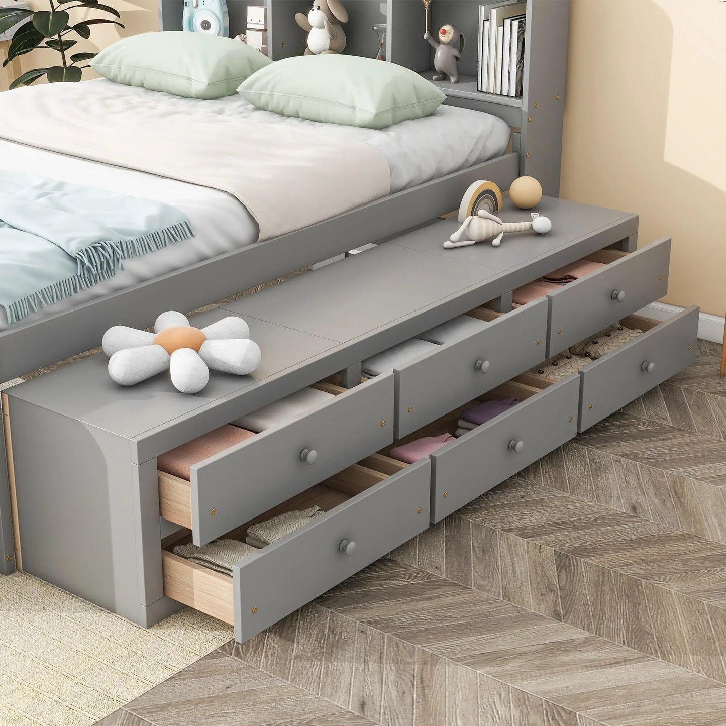 Bed With Bookcase Headboard and Under Bed Storage