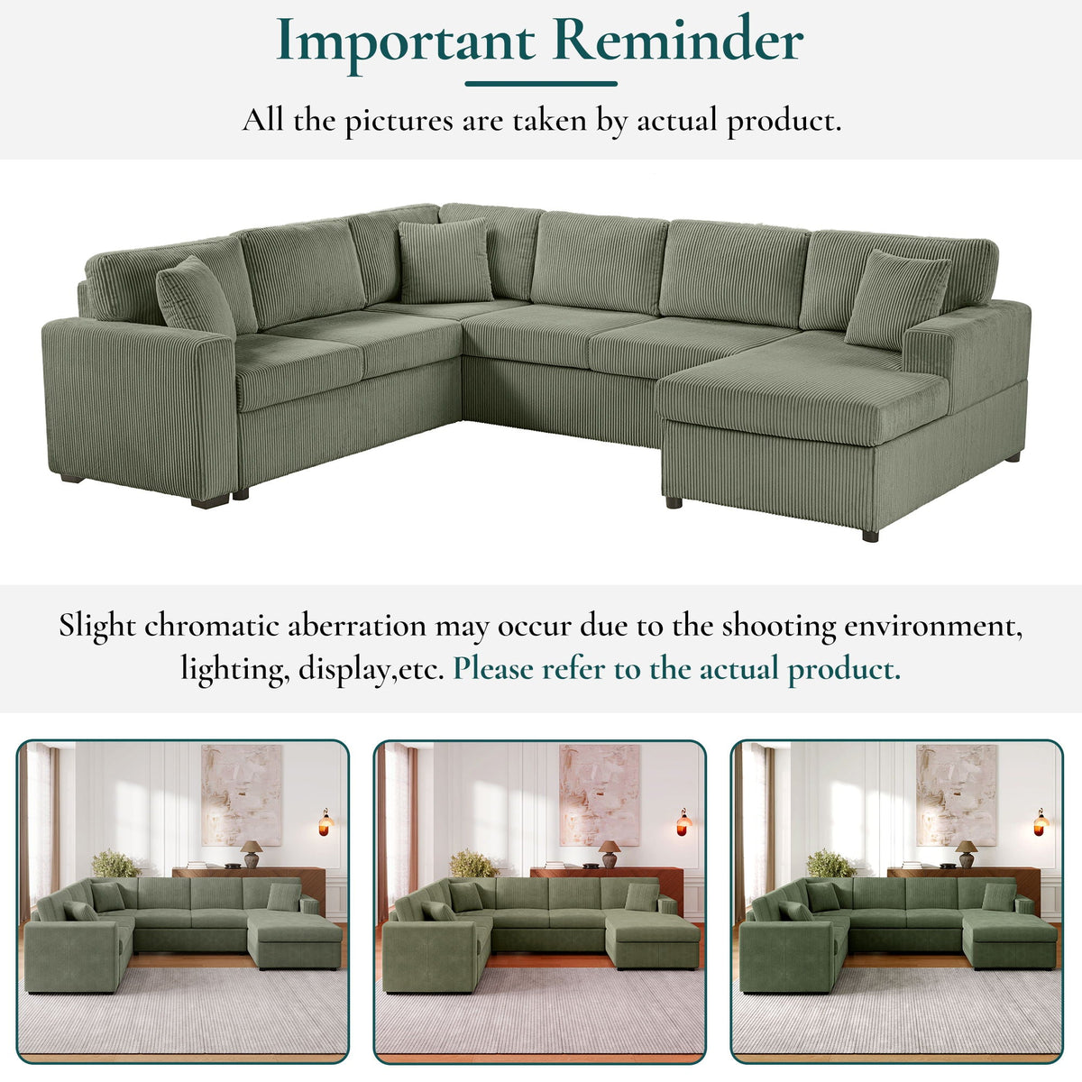 Oversized U-shaped sectional sofa with chaise in olive corduroy by HouseOfZazla with 3 pillows on Tampa Home & Garden Store