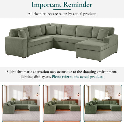 Oversized U-shaped sectional sofa with chaise in olive corduroy by HouseOfZazla with 3 pillows on Tampa Home & Garden Store
