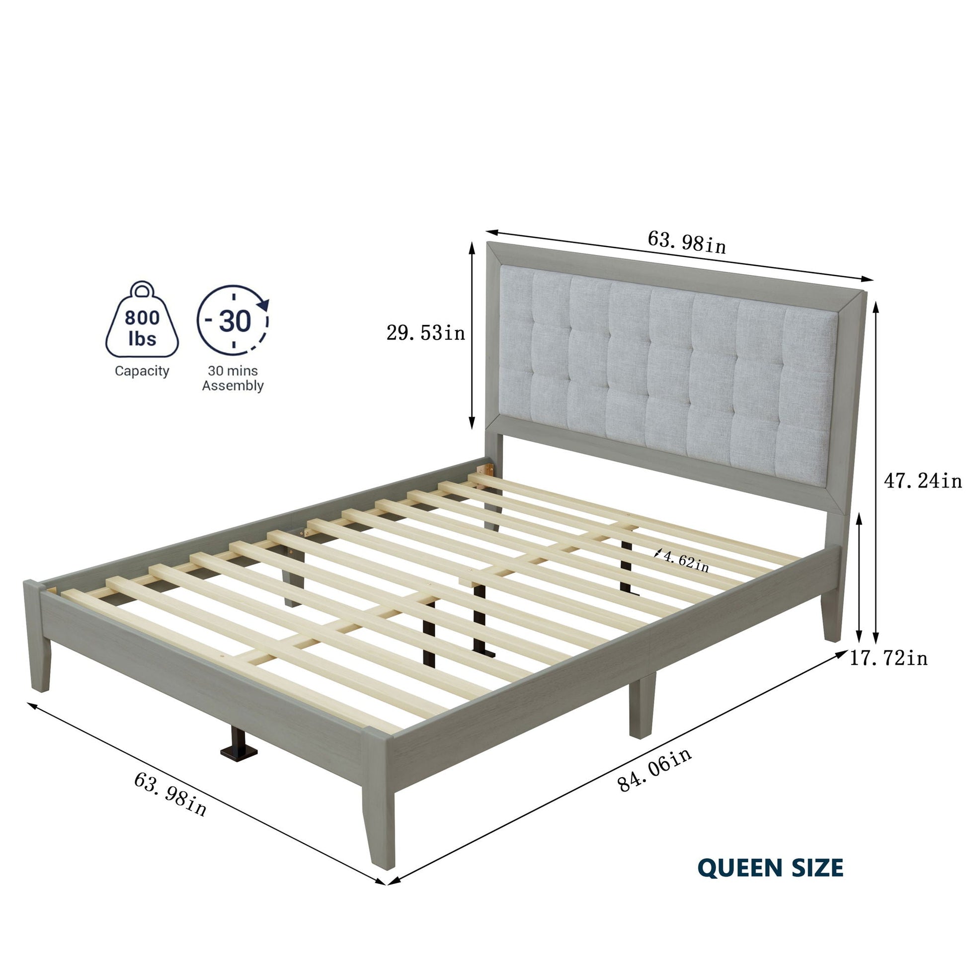 Mid Century Modern Platform Bed by HouseOfZazla with upholstered grey headboard and wood frame on Tampa Home & Garden Store