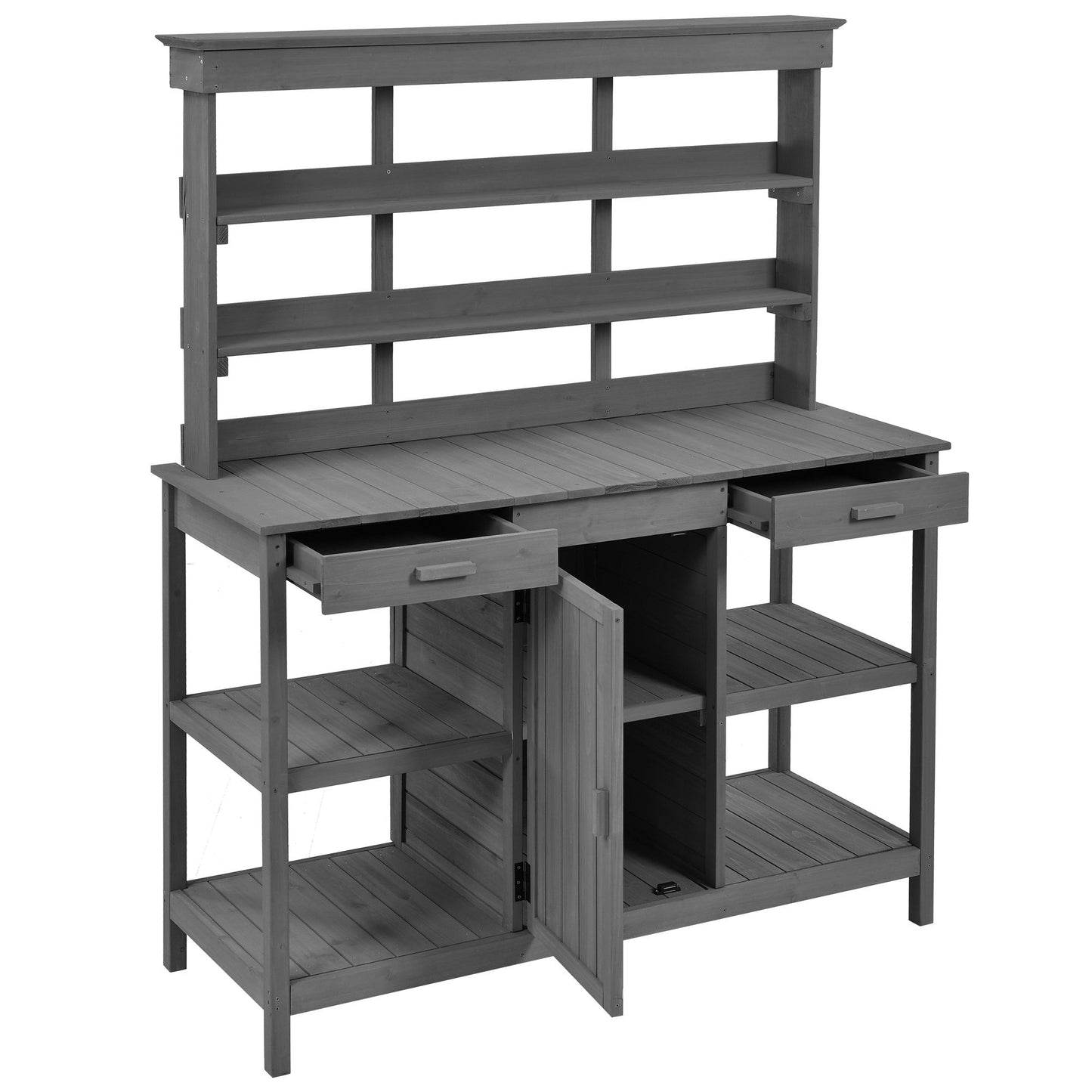 Topmax 66'' outdoor farmhouse wooden potting bench table with upper shelf and two drawers on Tampa Home & Garden Store