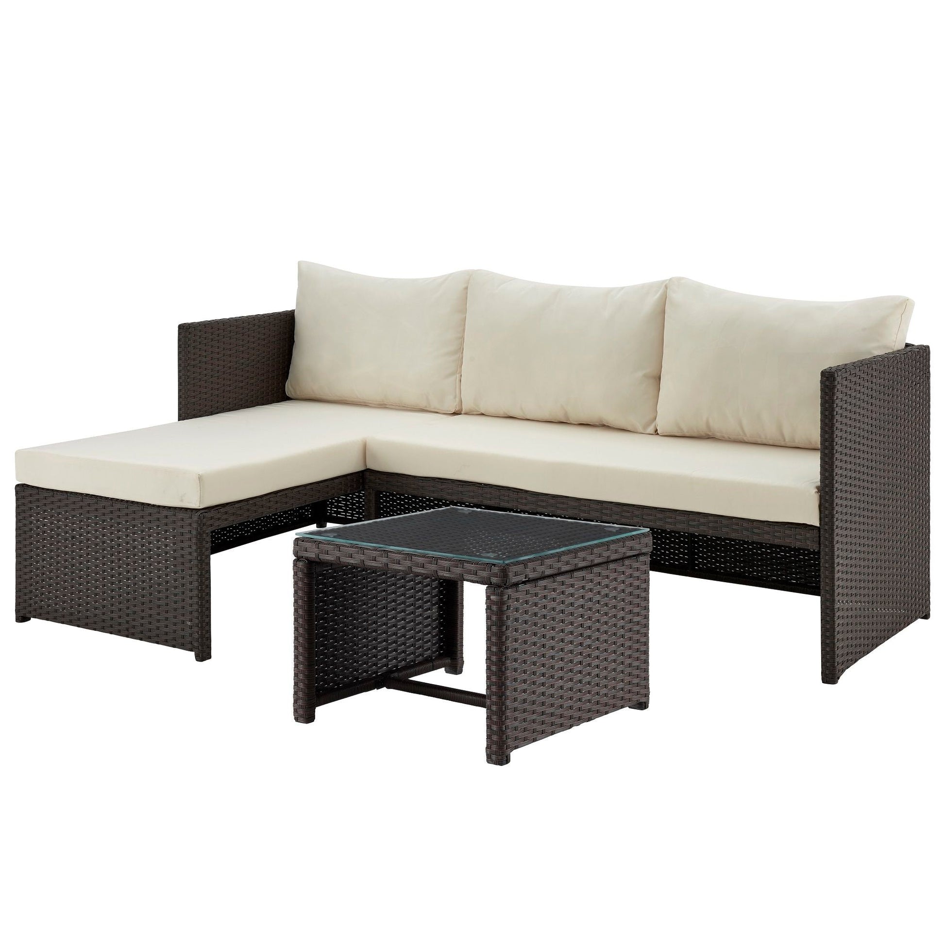 Menton 3 Piece Sectional Set dark brown wicker with cream cushions and glass coffee table on Tampa Home & Garden Store