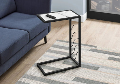 C-shaped accent table with white marble top and black metal frame, chair side table on Tampa Home & Garden Store
