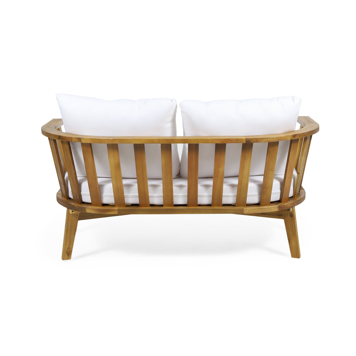 2-Person outdoor acacia wood patio seating group with cushions and coffee table on Tampa Home & Garden Store