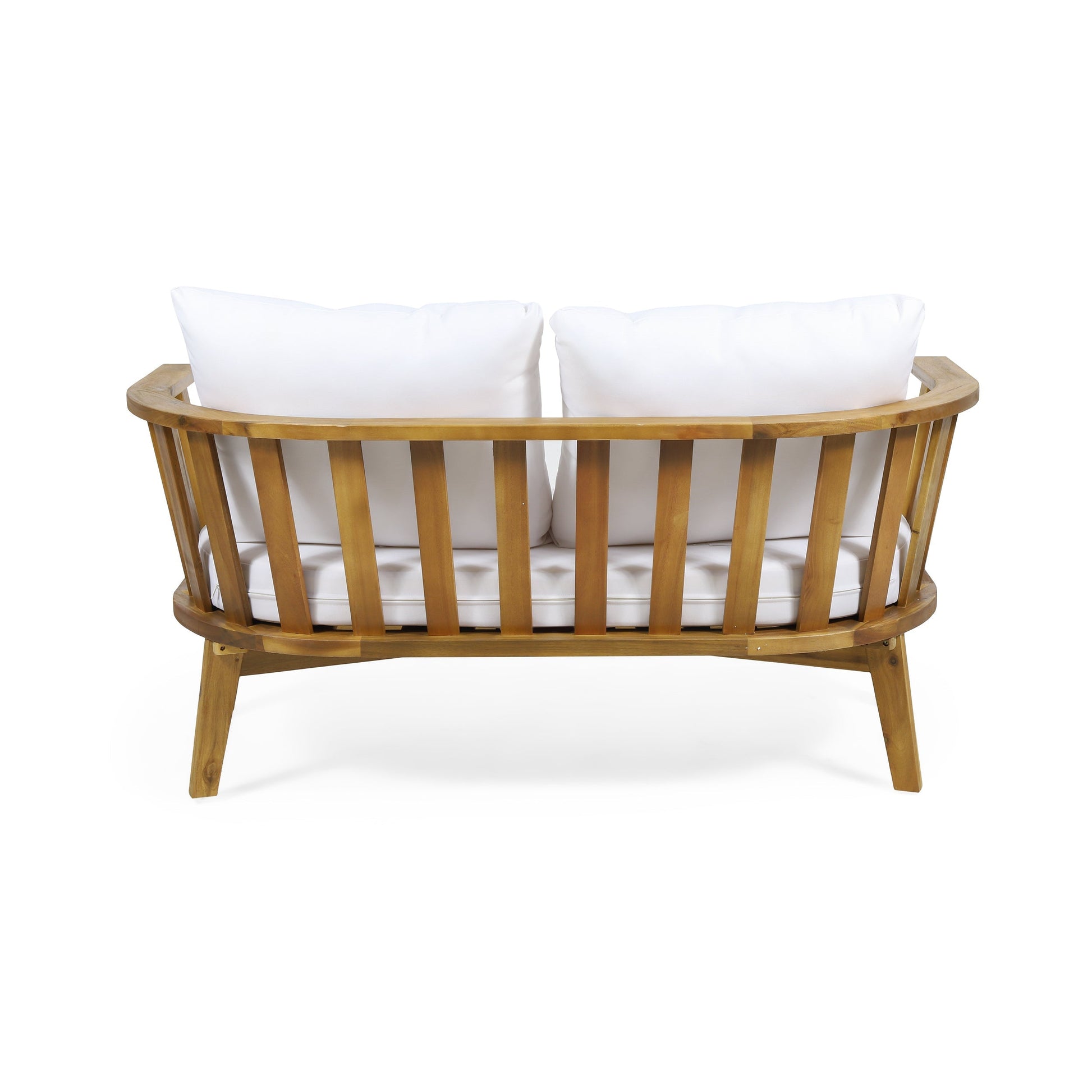 2-Person outdoor acacia wood patio seating group with cushions and coffee table on Tampa Home & Garden Store