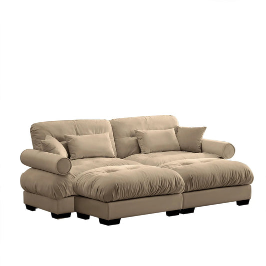 Modern beige sectional sofa with round bolster arms and ottoman, waist and throw pillows on Tampa Home & Garden Store
