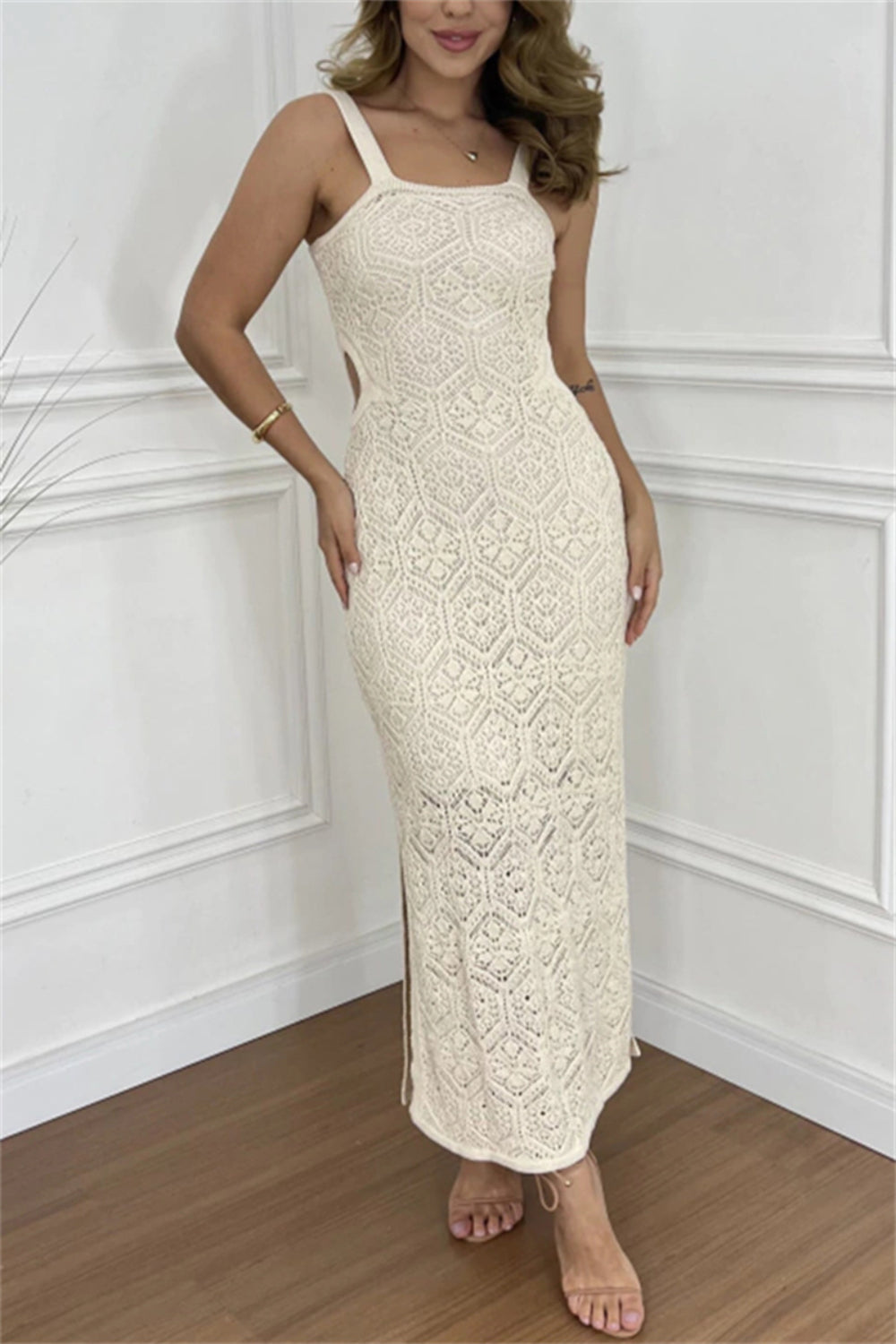 Beige crochet cutout-side maxi dress with wide straps by Stevvex ST23JKT969CHK on Tampa Home & Garden Store