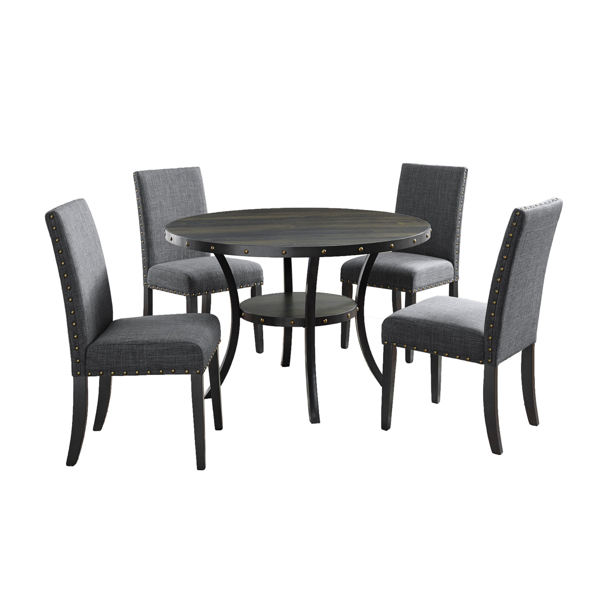 Biony Espresso Wood Round Dining Table with gray nailhead chairs, 5-piece set by HouseOfZazla on Tampa Home & Garden Store