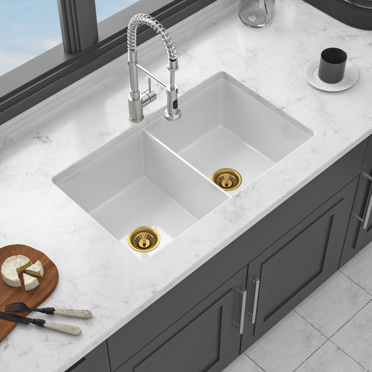 32in undermount double-bowl white kitchen sink with pull down faucet HouseOfZazla on Tampa Home & Garden Store