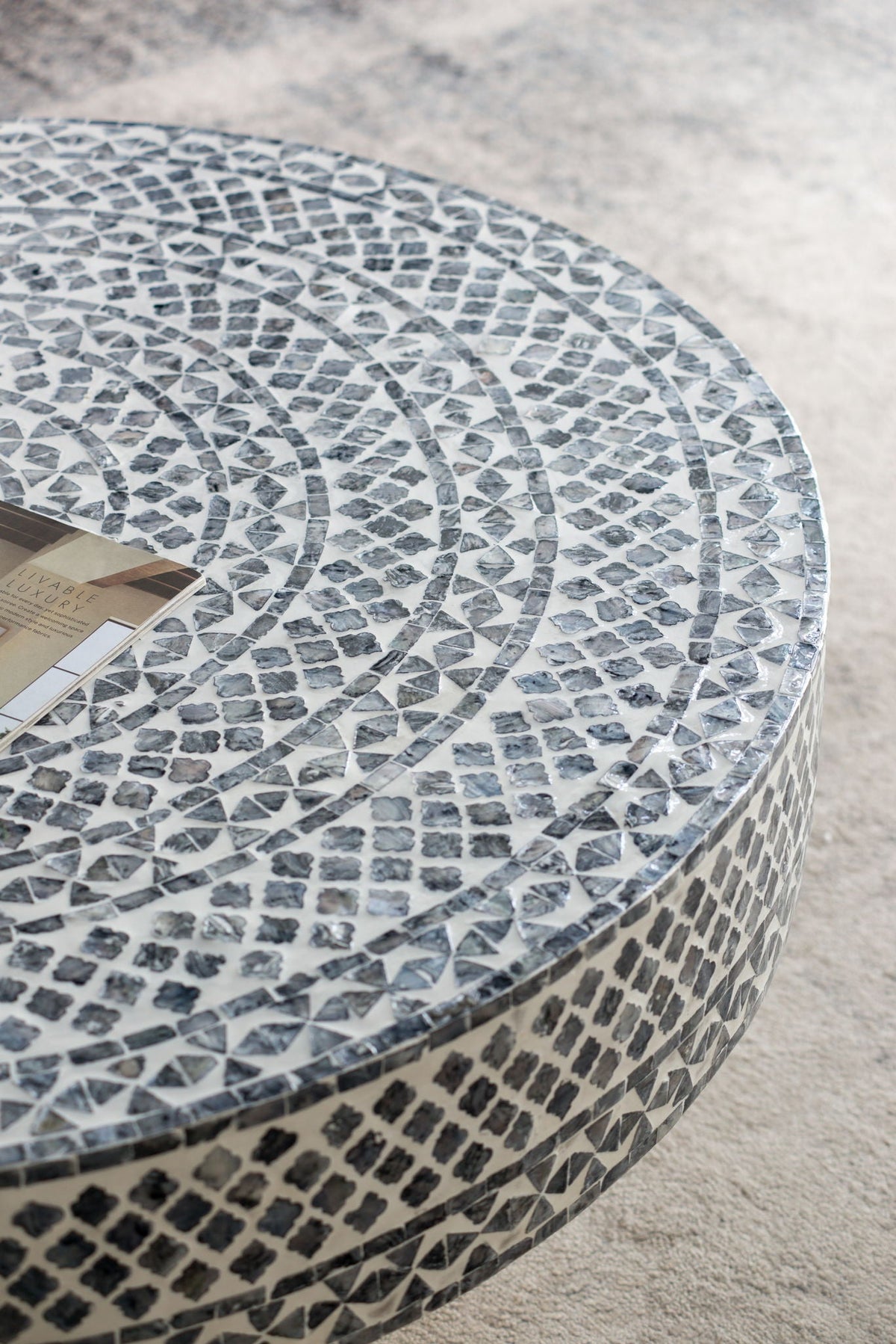 Capiz coffee table with pedestal base, round mosaic surface in silver-gray, HouseOfZazla on Tampa Home & Garden Store