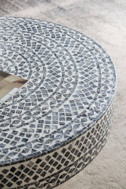 Capiz coffee table with pedestal base, round mosaic surface in silver-gray, HouseOfZazla on Tampa Home & Garden Store