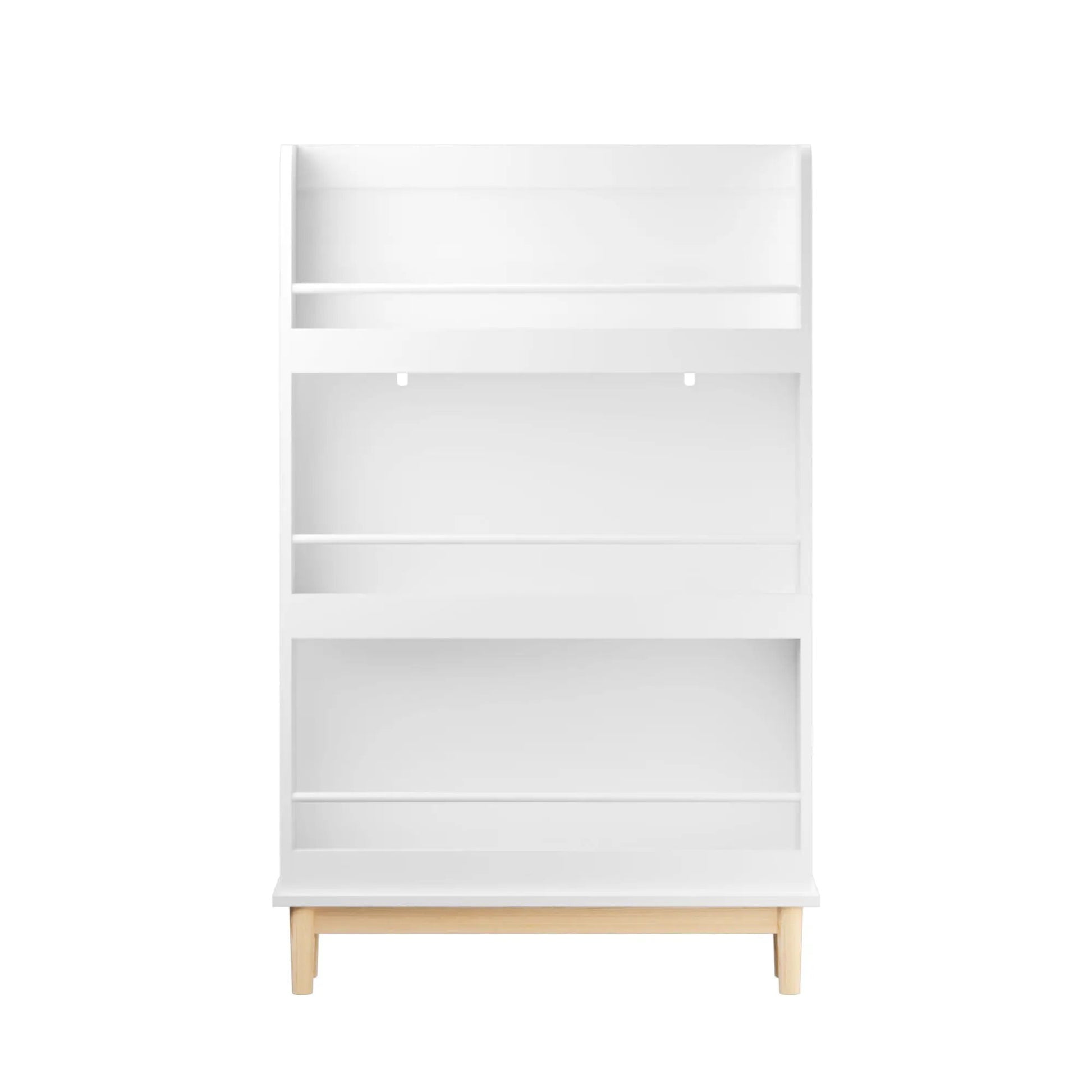 Wall mounted bookshelf with 3 front-facing display shelves in white on Tampa Home & Garden Store