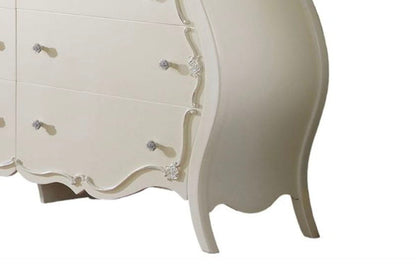 Edalene white dresser with six drawers and curved legs, ornate edges, crystal knobs on Tampa Home & Garden Store
