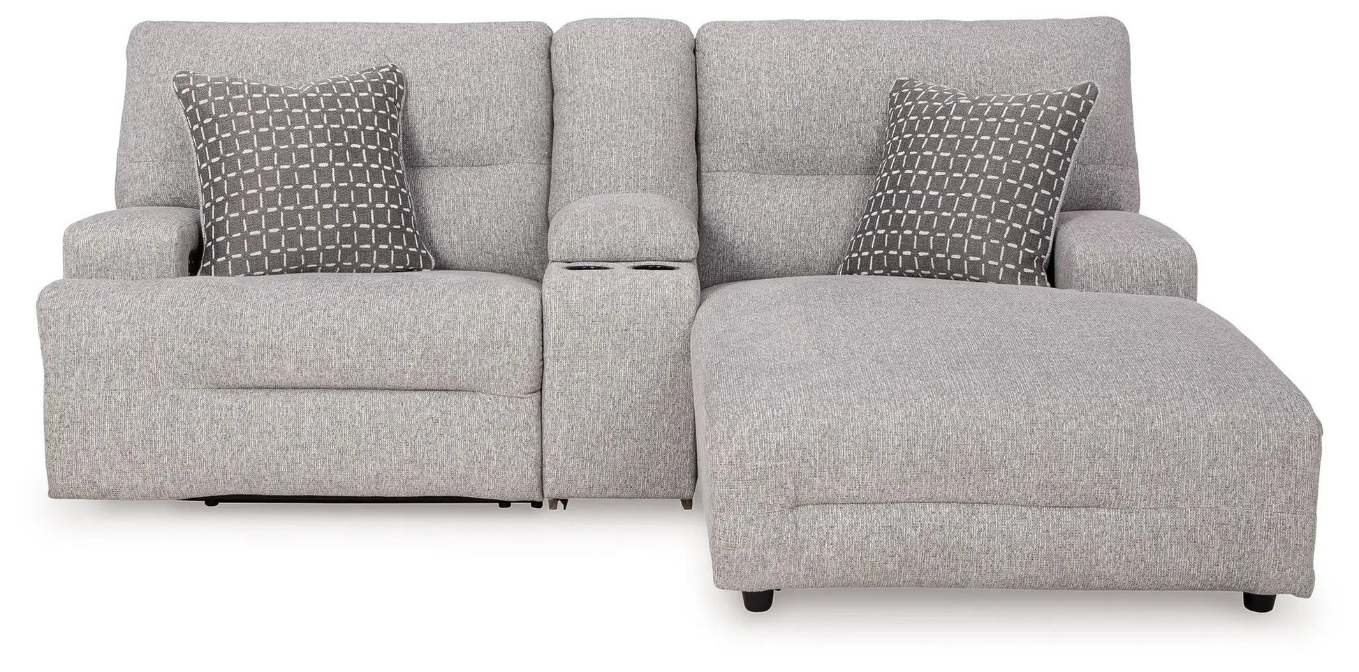 Acklen Place reclining sectional, gray fabric with two decorative pillows and center cupholder on Tampa Home & Garden Store