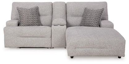 Acklen Place reclining sectional, gray fabric with two decorative pillows and center cupholder on Tampa Home & Garden Store