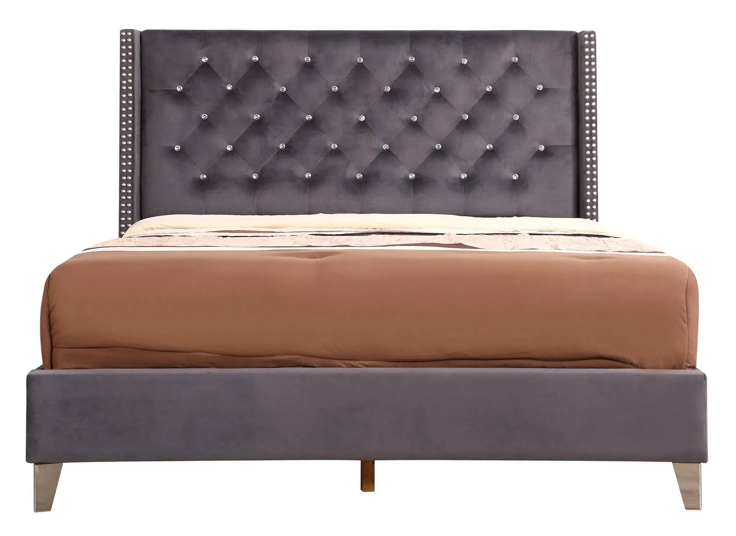 Upholstered Nailhead Trim Chic Bed with tufted headboard and crystal buttons on Tampa Home & Garden Store