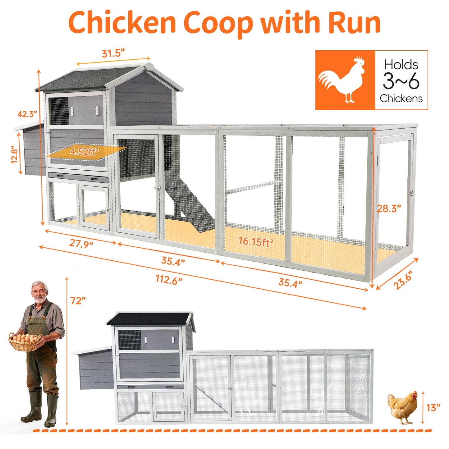 Gray wooden chicken coop with run, nesting box, and wire mesh panels for 3–6 chickens on Tampa Home & Garden Store