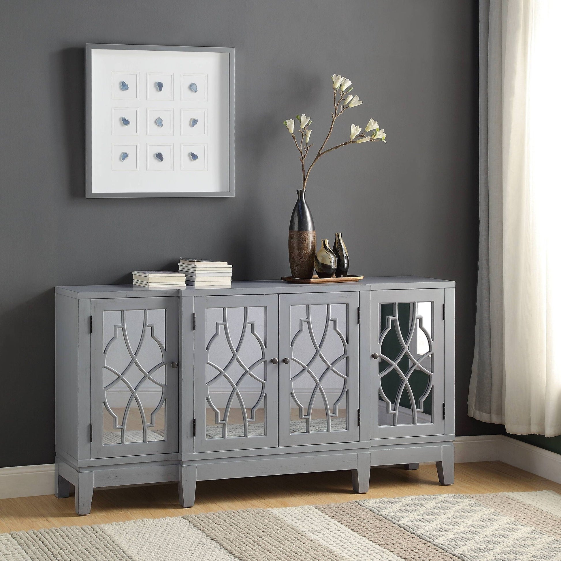 Magdi Console Cabinet Antique Gray with lattice doors HouseOfZazla on Tampa Home & Garden Store