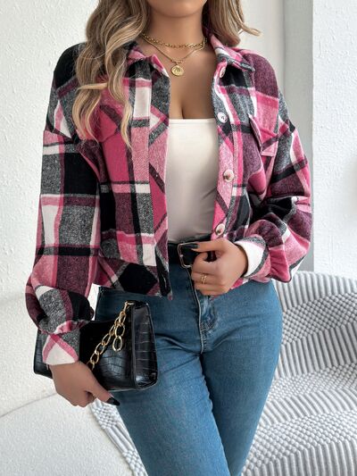 Classic plaid button-up long sleeve jacket Stevvex, pink and black cozy casual coat on Tampa Home & Garden Store