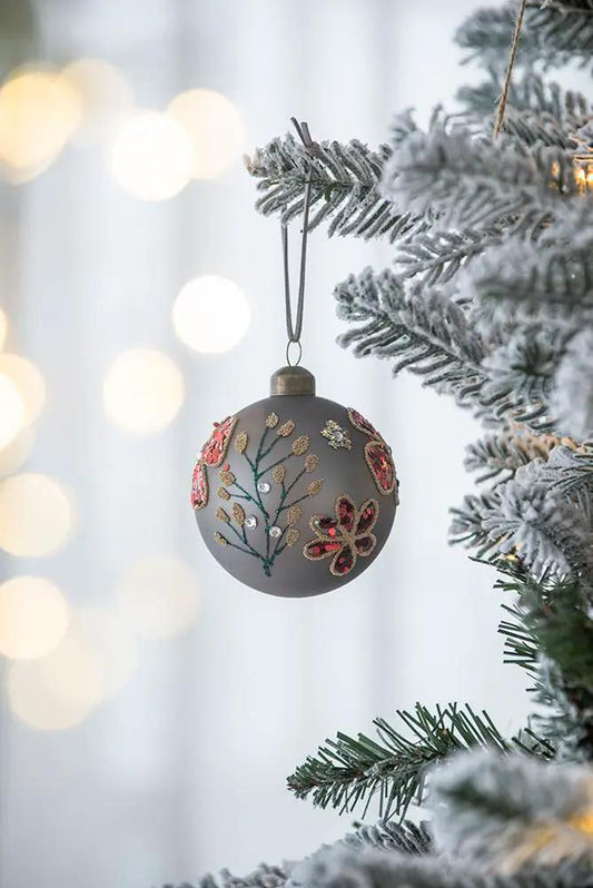Glass decorative hanging ball ornament with gold embroidered leaves on gray matte finish on Tampa Home & Garden Store