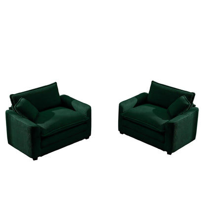 2 dark green fabric arm chairs with deep seats and pillows by Unique Piece Furniture on Tampa Home & Garden Store