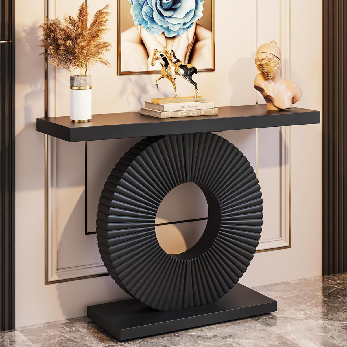 Modern Console Table With Sculptural Geometric Base black top atop ribbed circular ring base on Tampa Home & Garden Store