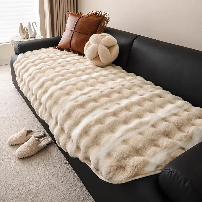 Autumn and Winter Thickening Irregular Sofa Cushion cream faux fur on black sofa on Tampa Home & Garden Store