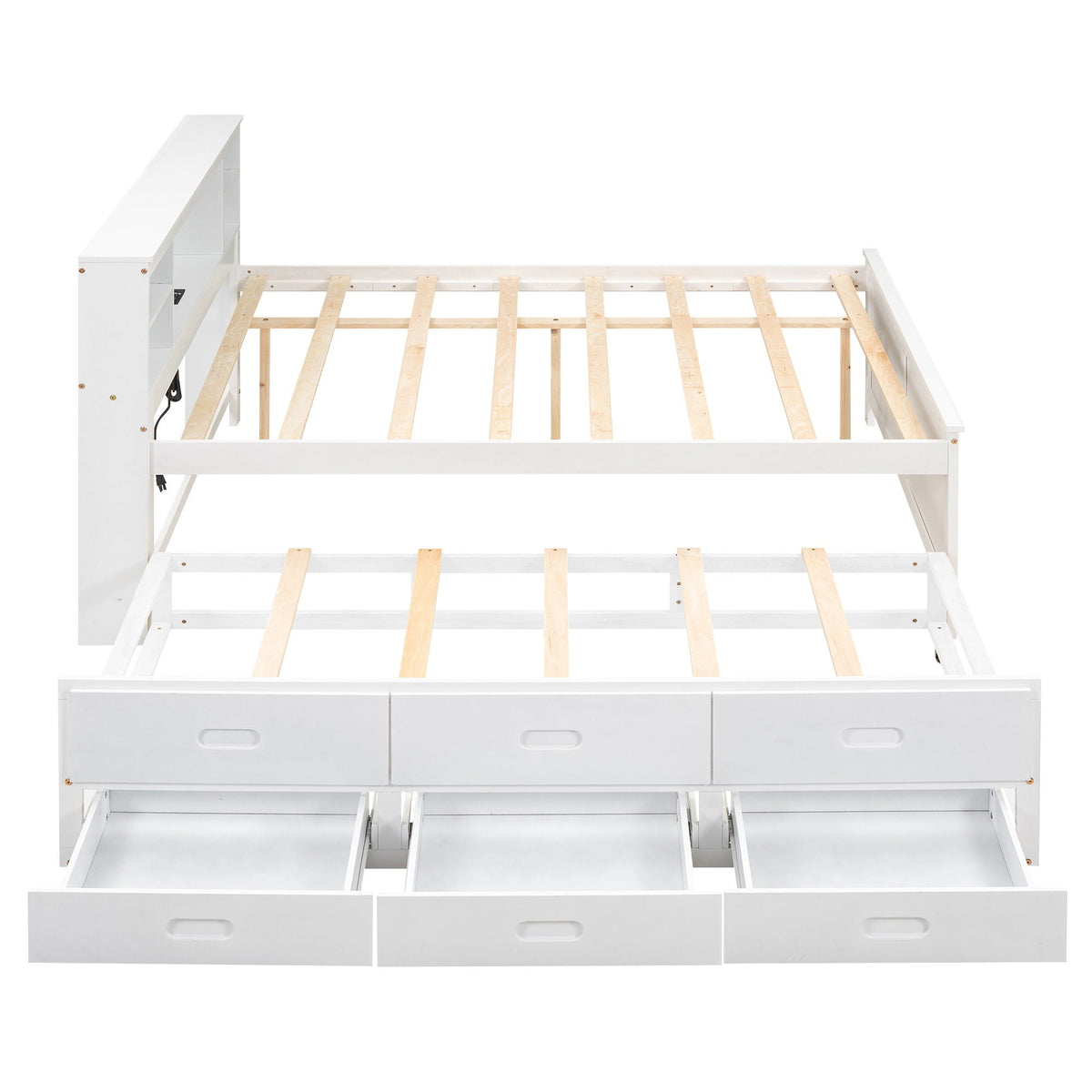 White platform bed with storage headboard and 3 front drawers, wooden slat base with USB on Tampa Home & Garden Store