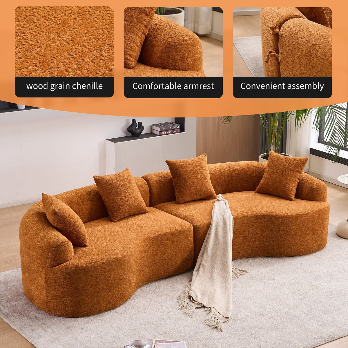 HouseOfZazla 4 seater stationary sectional sofa in burnt orange textured fabric with cushions on Tampa Home & Garden Store
