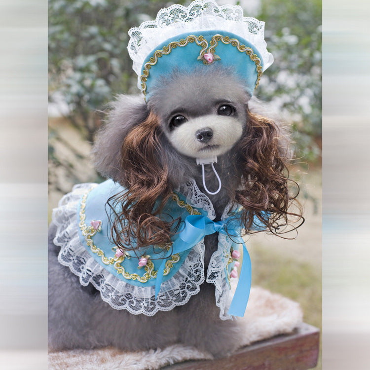 Pet Zen Christmas dog outfit with teal lace bonnet and cape, white lace trim, blue bow on Tampa Home & Garden Store