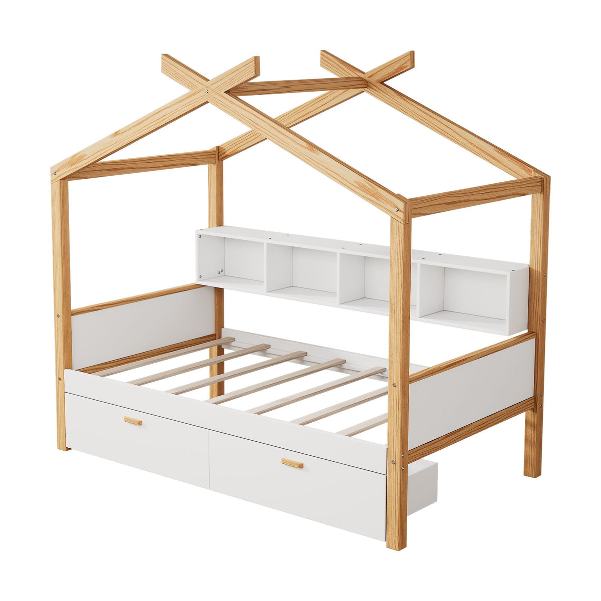 House Bed With Bookshelf Storage natural wood frame with white drawers and cubbies HouseOfZazla on Tampa Home & Garden Store