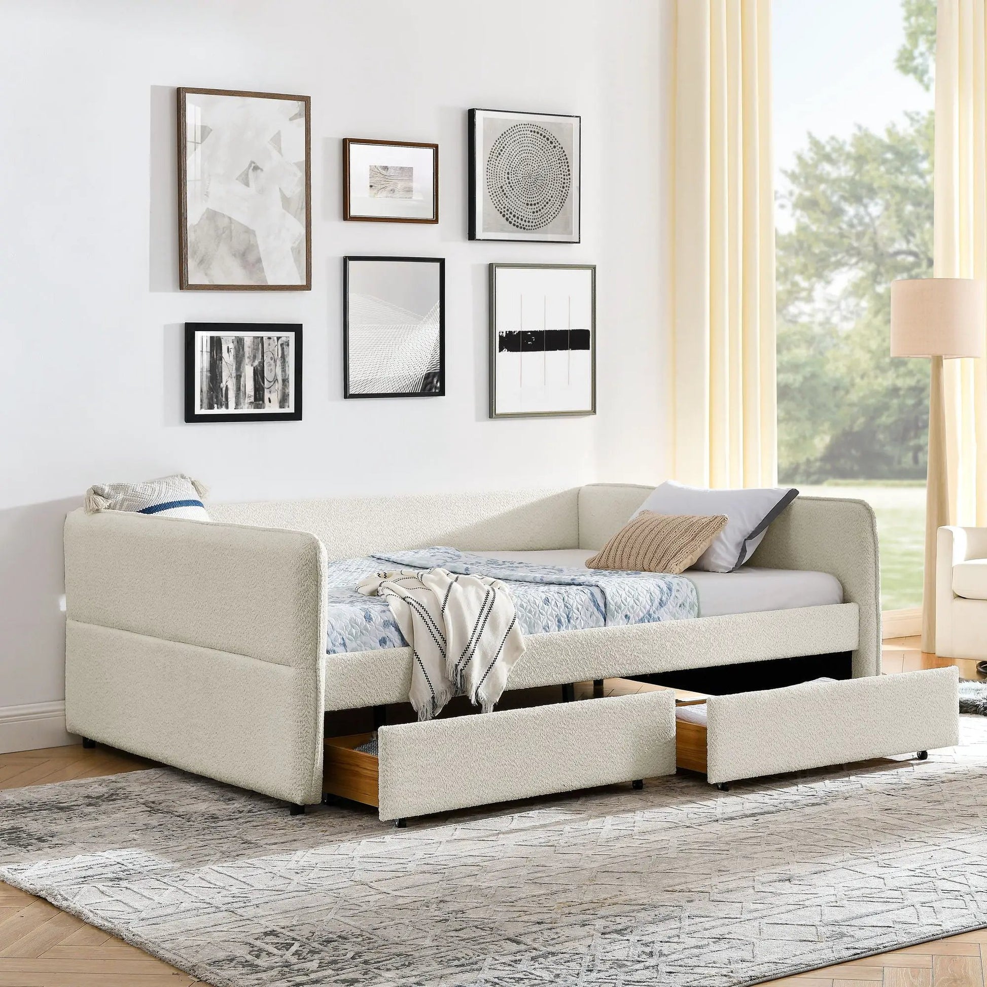 Upholstered daybed storage bed with 2 drawers in beige fabric by Unique Piece Furniture on Tampa Home & Garden Store