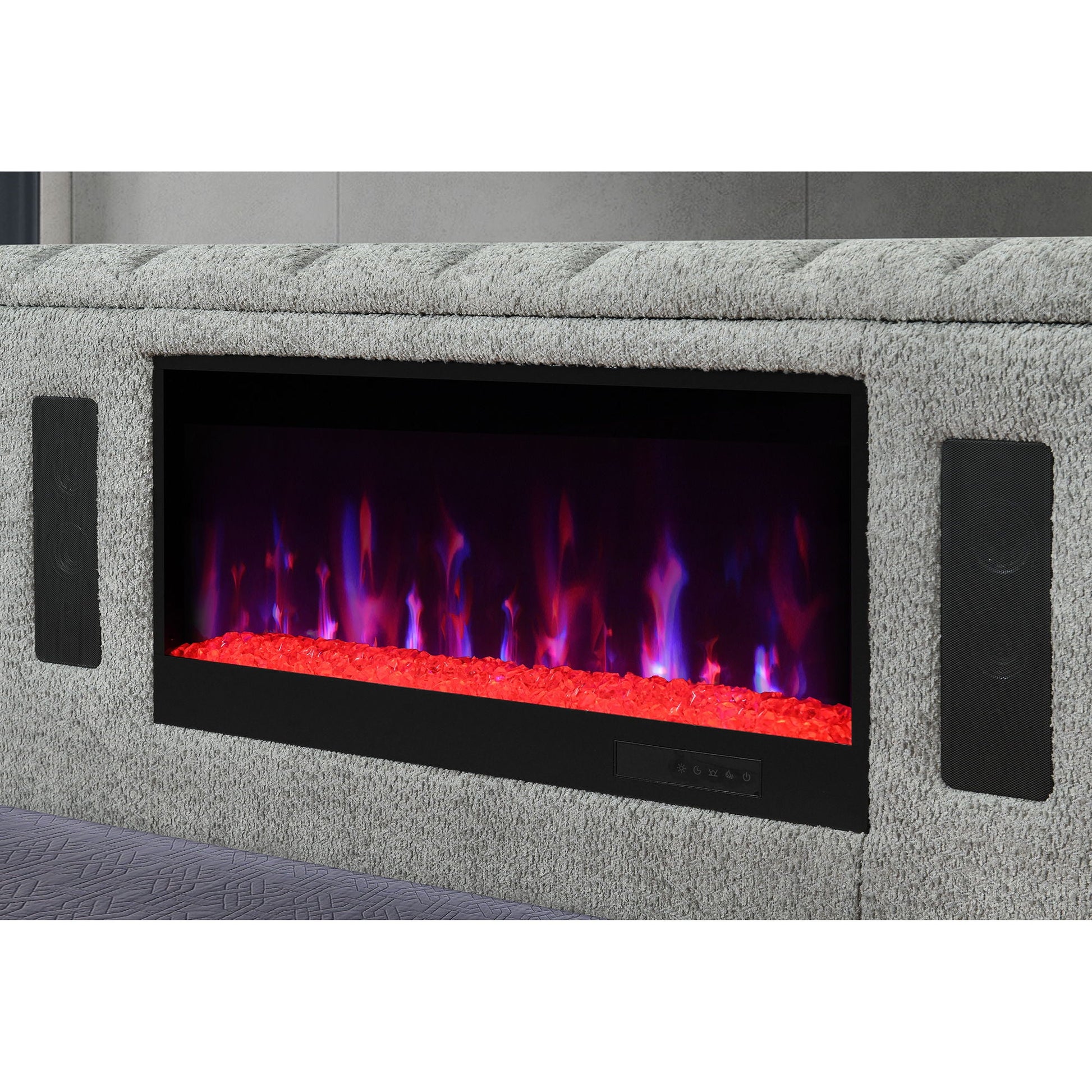 Isaiah upholstered bed with fireplace, gray textured fabric, built-in LED speakers on Tampa Home & Garden Store