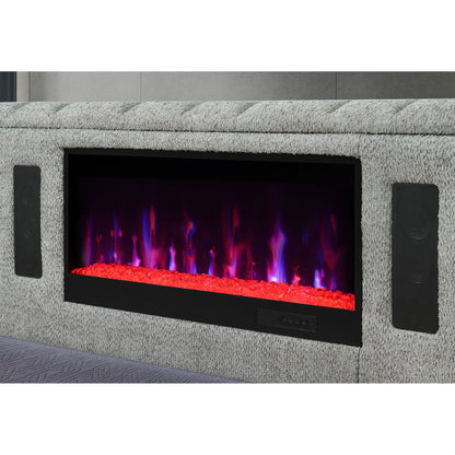 Isaiah upholstered bed with fireplace, gray textured fabric, built-in LED speakers on Tampa Home & Garden Store