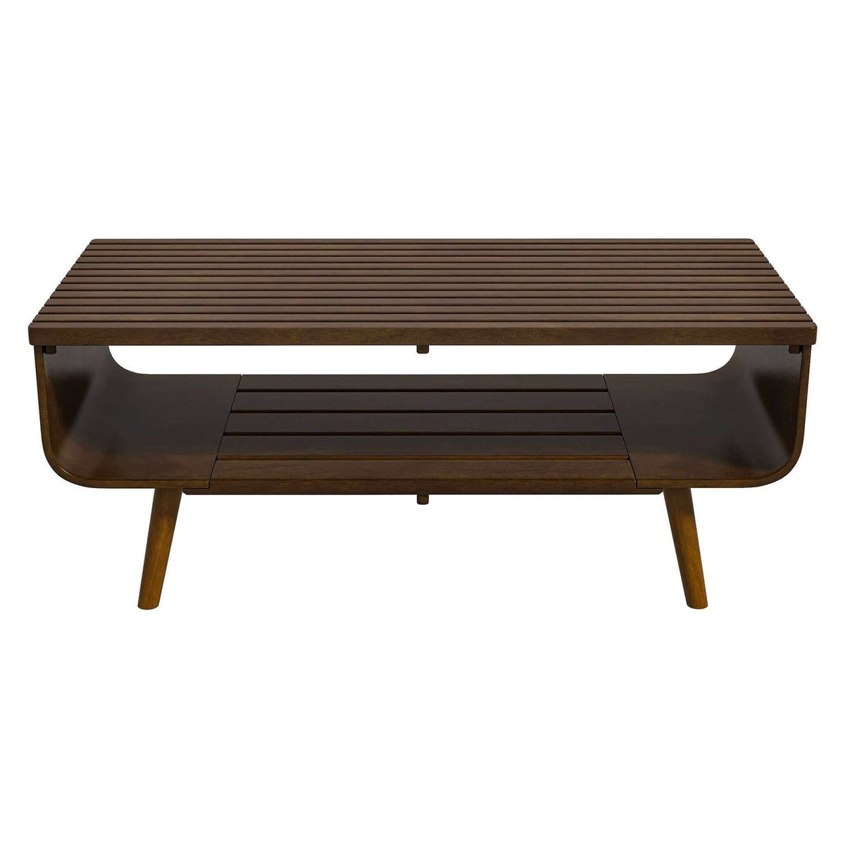 Alice mid-century modern coffee table with dark brown slatted top and curved sides on Tampa Home & Garden Store