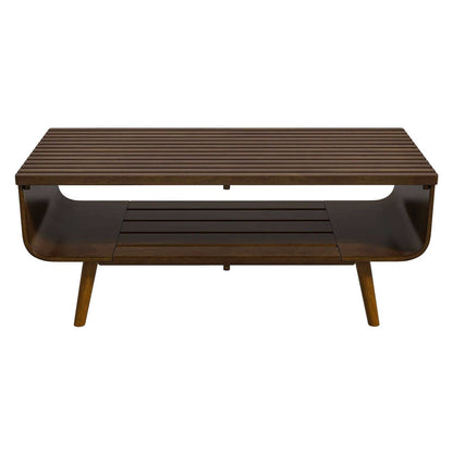 Alice mid-century modern coffee table with dark brown slatted top and curved sides on Tampa Home & Garden Store