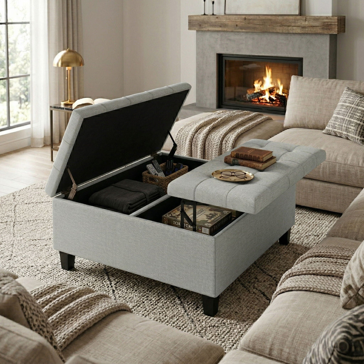 Stone gray coffee table storage ottoman with lift-top and hidden compartment for blankets on Tampa Home & Garden Store